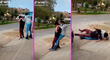 Intenta enseñarle a su amigo a patinar, pero termina cayendo sobre él [VIDEO]
