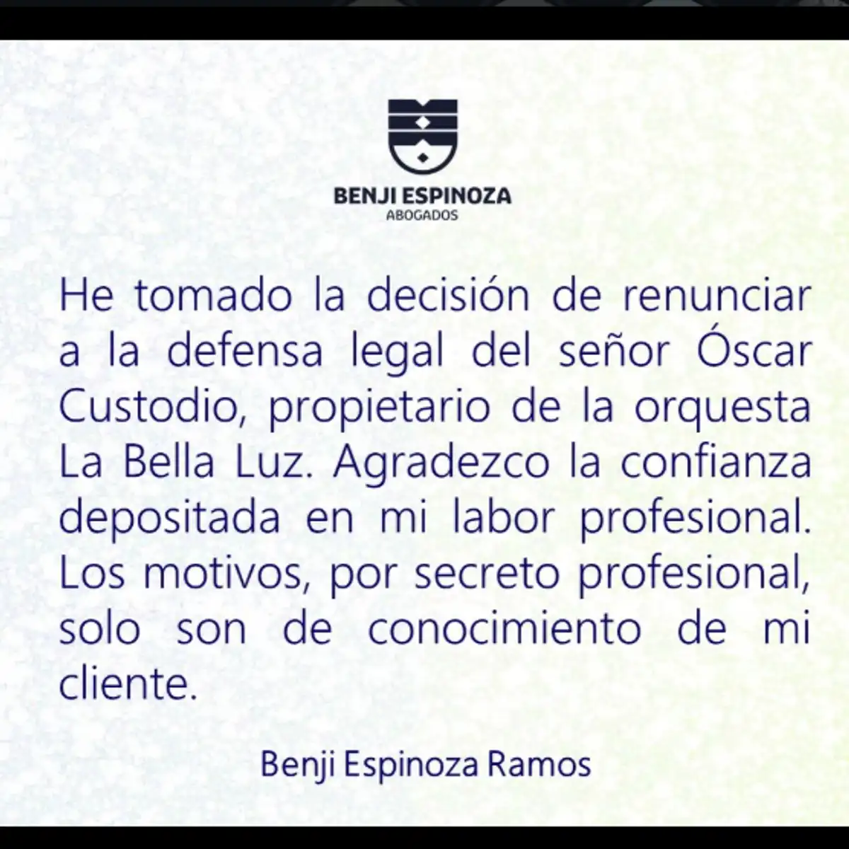 Benji Espinoza renuncia a defensa legal de Óscar Custodio