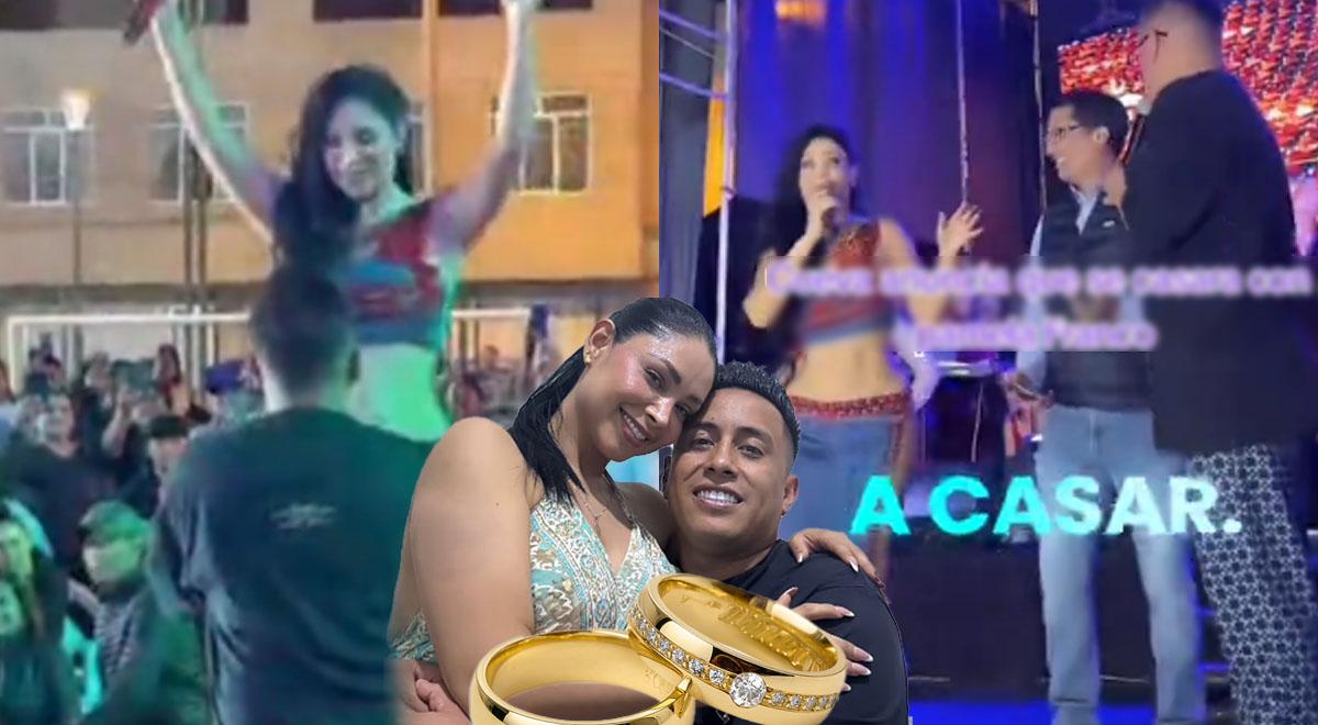 No concerto, Christian Cueva se ajoelha diante de Pamela Franco, anuncia o casamento e apresenta o prefeito que os casará.