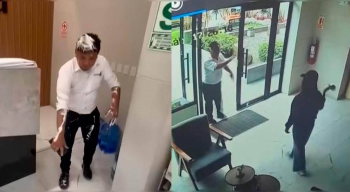 Surco: Mulher pega jogando tinta em faxineiros depois que a porta do prédio não foi aberta