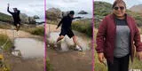 Joven intenta cumplir reto de salto y termina salpicando con barro a su mamá [VIDEO]