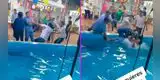 ¡Se le fue la mano! Intenta ayudar a su esposo a levantarse y acaban flotando en la piscina [VIDEO]
