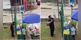 Vendedor ambulante vende afuera del colegio, pero está prohibido y se las ingenia para atraer clientes