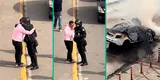 PNP abraza a chofer de auto incendiado en la Vía Expresa mientras su taxi era consumido por el fuego: “Era su herramienta de trabajo”