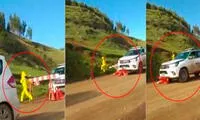 Patrullero de Huamachuco de Trujillo pasa a toda velocidad y casi atropella a una señora en la carretera