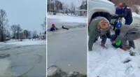 Los familiares de la joven hacen lo indecible para sacar al niño atrapado debajo de la capa de hielo.