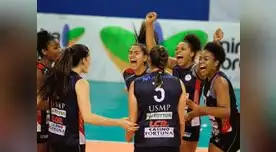 Festejo de Ángela Leyva y sus compañeras por la victoria de la USMP sobre Jaamsa. FOTO: FPV.