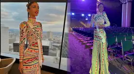 Alessia Rovegno luce impresionante vestido inspirado en la amazonia peruana.