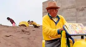 Heladero de D'Onofrio es ayudado por un bañista al no poder cruzar pendiente en Huacho.