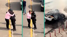 Policía abraza a chofer de auto incendiado en la Vía Expresa: “Era su herramienta de trabajo”