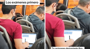 Joven peruano sorprende al hacer su tarea con laptop dentro de bus y en TikTok lo vacilan