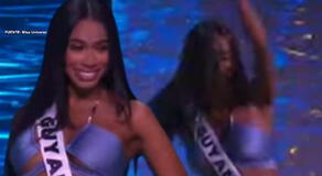 Miss Guyana se resbala al pisar su pareo y casi termina en el piso durante desfile en traje de baño del Miss Universo 2024