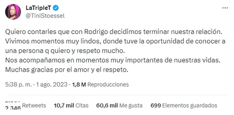 Comunicado de separación con Rodrigo de Paul.    