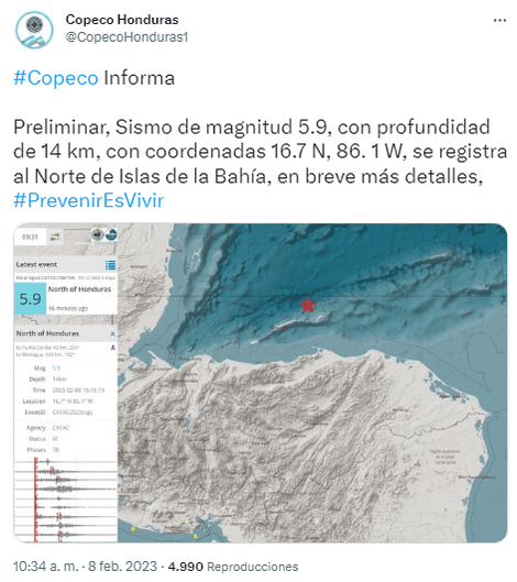 Honduras Un Fuerte Sismo De 59 De Magnitud Islas De La Bahía En El Golfo Temblor Usgs El 1329