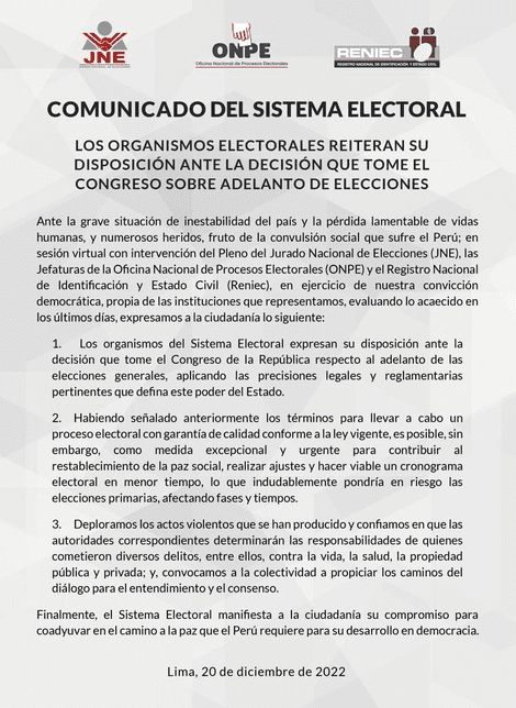 Reniec Onpe Y Jne Sobre Adelanto De Elecciones Generales “a