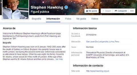 Captura de la información de perfil del Facebook de Stephen Hawking.