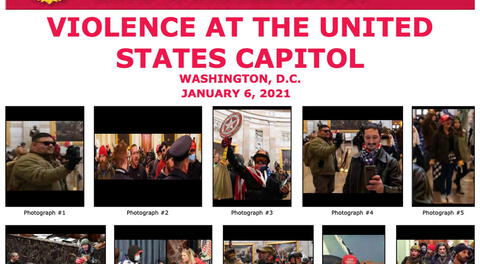 Una ficha difundida por FBI con fotografías de las personas implicadas en el asalto al Capitolio de EE UU.