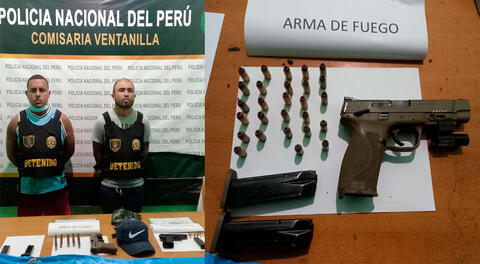 Los detenidos y el arma robada a PNP