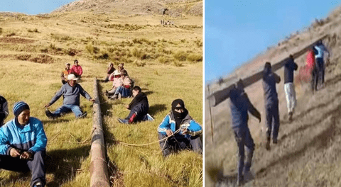 Padres de familia trasladaron poste por la empinada pendiente de la montaña Patapata.