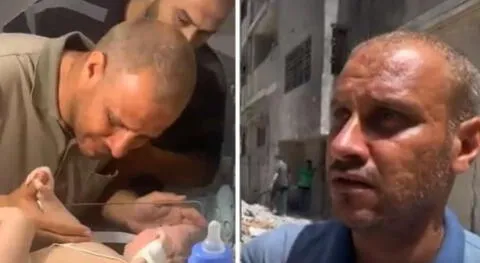 Padre se queda con su bebé de cinco meses tras perder a su familia por bombardeo israelita en Gaza.