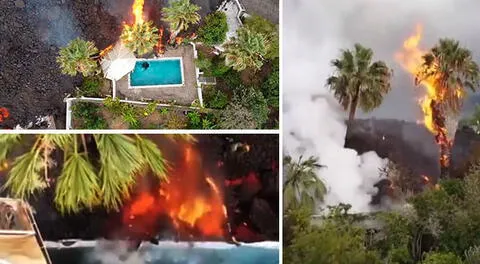 Mira el insólito momento que lava del volcán Cumbre Vieja destruye piscina en la isla La Palma.