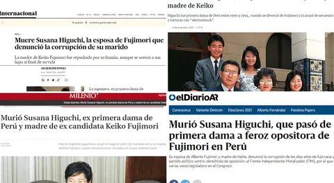 Capturas de diversos portales internacionales y el tratamiento informativo que le brindaron al fallecimiento de Susana Higuchi.