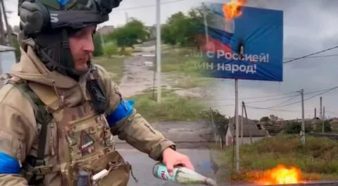 Soldado ucraniano lanza bomba molotov al ver la bandera de Rusia y la quema