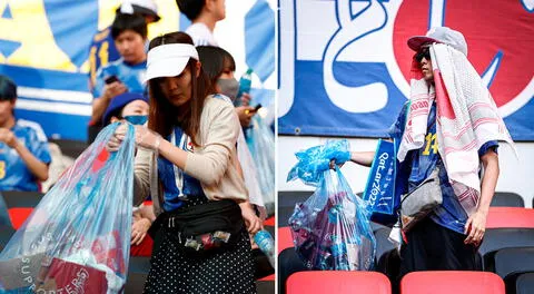 Hinchas japoneses realizaron la recolecta de desperdicios para dejar limpio el estadio.