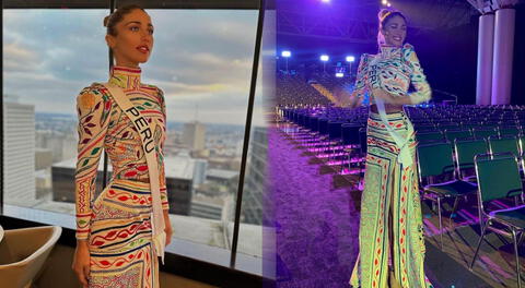 Alessia Rovegno luce impresionante vestido inspirado en la amazonia peruana.