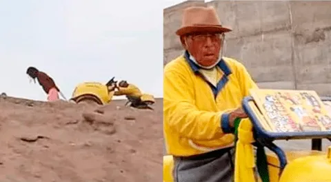 Heladero de D'Onofrio es ayudado por un bañista al no poder cruzar pendiente en Huacho.