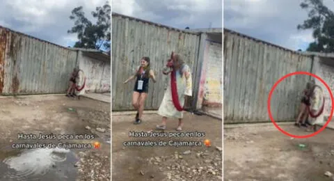 'Jesús' en el carnaval de Cajamarca es viral en TikTok tras ser captado con una muchacha en plena calle.