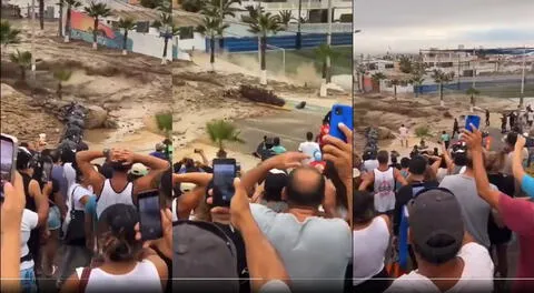 Vecinos de Punta Hermosa viendo atónitos como huaico destruye complejo deportivo.