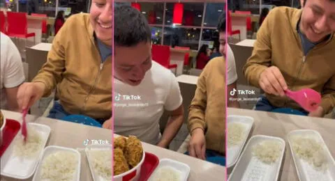 ¡Él si sabe comer! Joven lleva su táper de arroz para acompañar su KFC y es viral en TikTok.