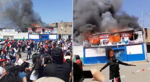 Escolares corren despavoridos durante desfile tras incendio en una tienda de muebles en Áncash