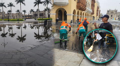 Municipalidad de Lima realiza labores de limpieza en la Plaza de Armas ante aniego.