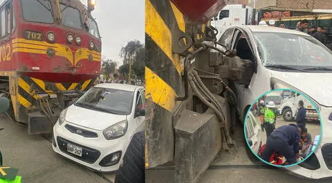 Tren choca contra taxi en el Callao y bomberos se llevan a una mujer en ambulancia