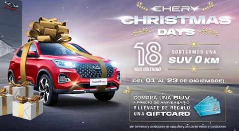 La campaña "Chery Christmas Days", ofrece la oportunidad de ganar una SUV Tiggo 4 Pro 0 KM. Fuente: Difusión.