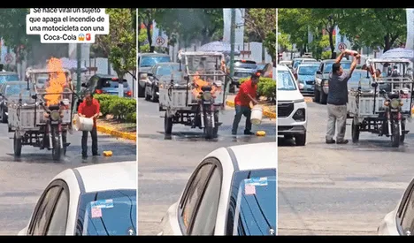 Hombre apaga incendio de una motocicleta con Coca-Cola y en TikTok reaccionan: "Mejor que el agua"