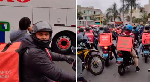 Los deliveries se ubicaron alrededor del vehículo para exclamar frases de apoyo a los jugadores en las calles de Miraflores. elpopular.pe