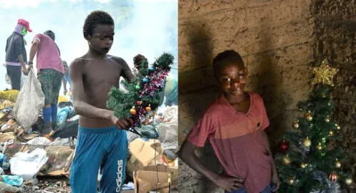 Gabriel sostiene una decoración navideña que encontró mientras hurgaba en la basura en el vertedero. elpopular.pe