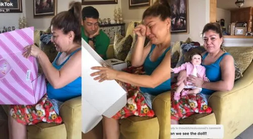 La mujer se emocionó con el regalo que le dio su familia, ya que era una muñeca que siempre quiso de niña. Foto: captura de TikTok elpopular.pe