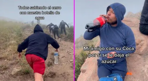 El muchacho llegó a lo alto de la montaña con su gaseosa en mano. elpopular.pe