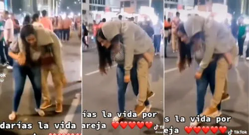 La muchacha no dudó en cargar a su novio tras 'pasarse de copas' y se volvió viral en TikTok. elpopular.pe