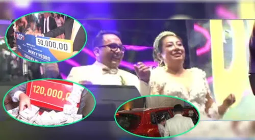 Pareja de esposos recibiendo grandes regalos en boda. elpopular.pe