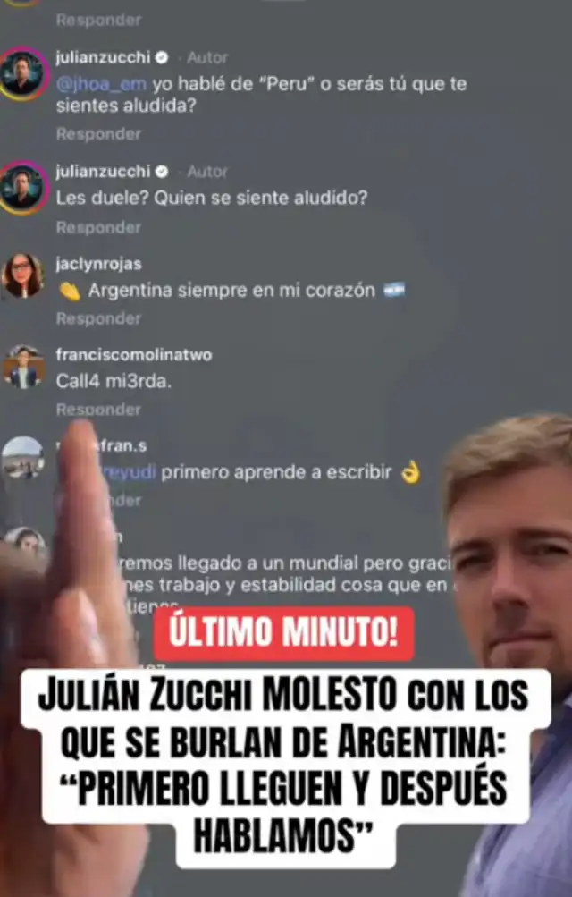 Hunden a Julián Zucchi en redes por polémico comentario que sería indirecta para peruanos tras derrota de Argentina Hunden a Julián Zucchi en redes por polémico comentario que sería indirecta para peruanos tras derrota de Argentina