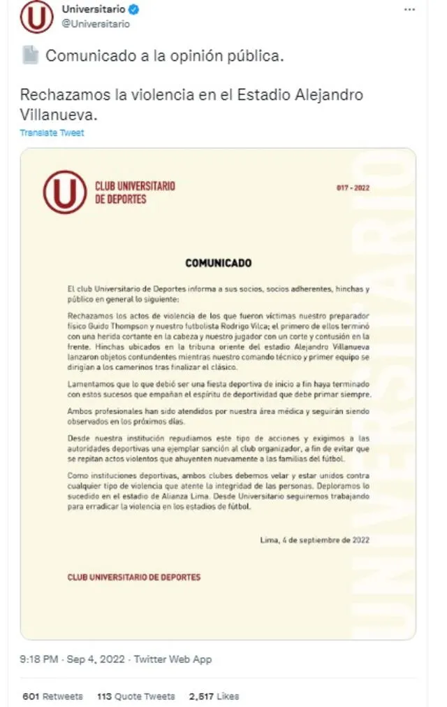 Pantallaso de la cuenta oficial de Twitter de Universitario de Deportes.    