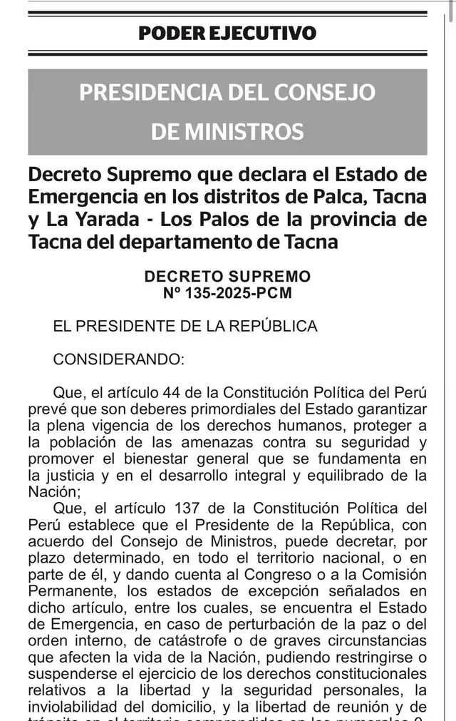 Gobierno declara Estado de Emergencia en los distritos de Palca, Tacna y La Yarada.
