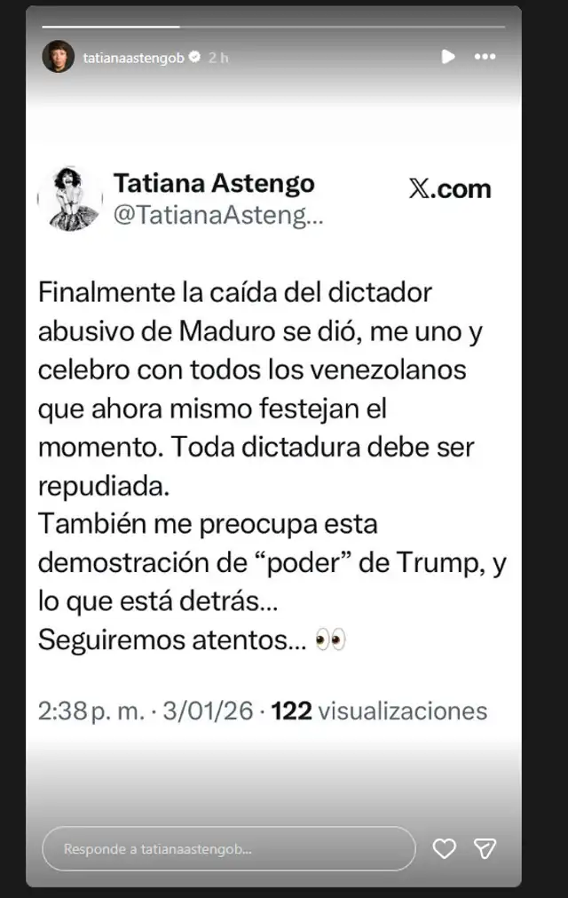 Tatiana Astengo se pronunció sobre la captura de Nicolás Maduro. Foto: Instagram.   