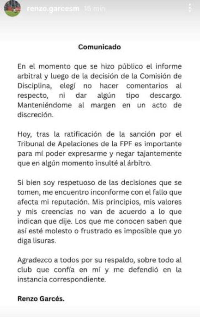 Comunicado de Renzo Garcés. Foto: Instagram/Renzo Garcés Comunicado de Renzo Garcés. Foto: Instagram/Renzo Garcés