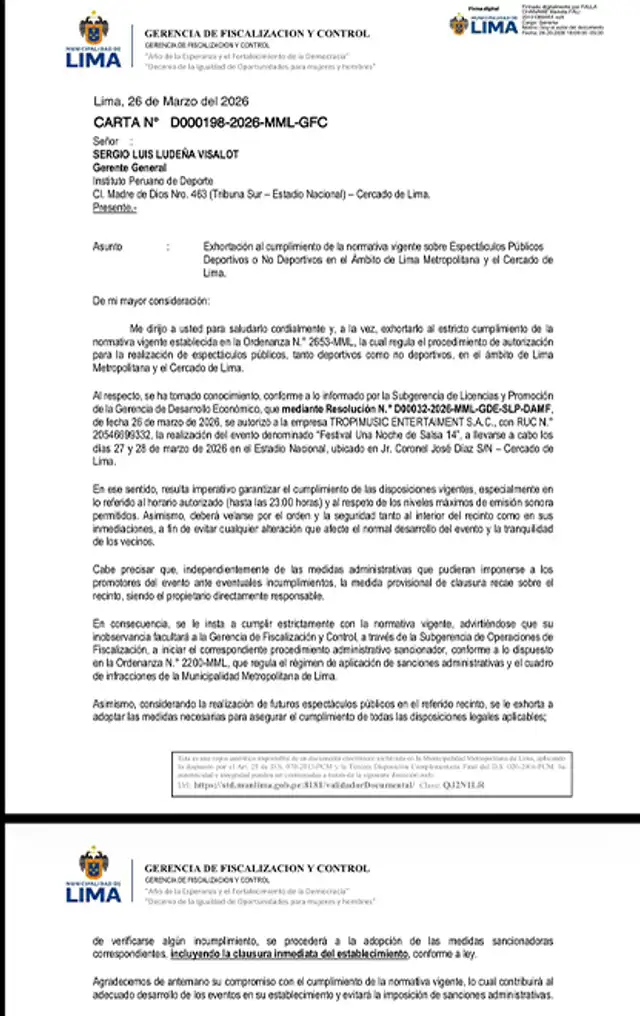 Municipalidad de Lima clausura el Estadio Nacional. 